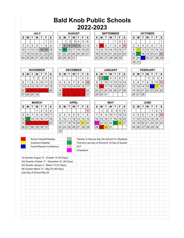 Bald Knob Public School Calendar for 2022-2023