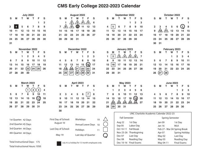 CMS Early College High School Calendar for 2022-2023
