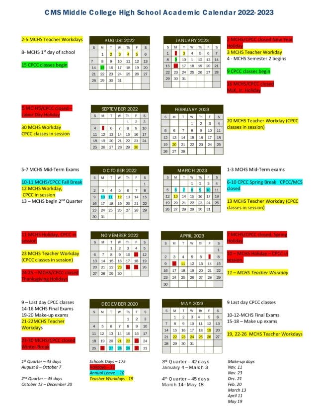 CMS Middle High School Calendar for 2022-2023