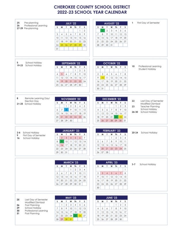Cherokee County School Calendar for 2022-2023