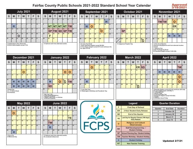 Fairfax County School Calendar for 2021-2022