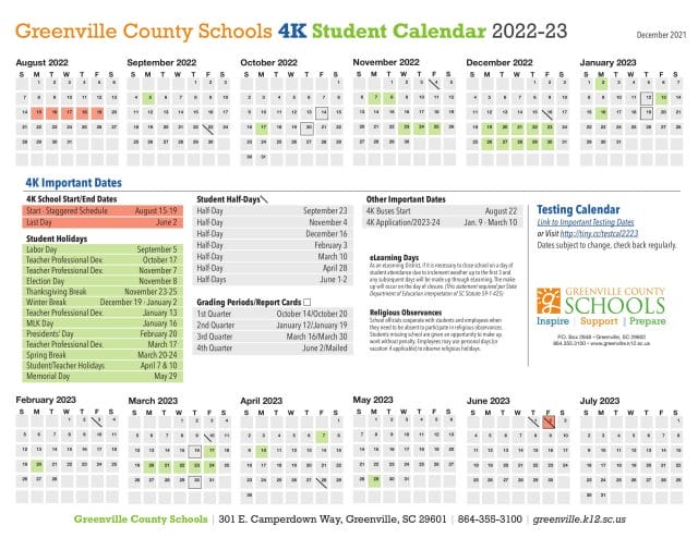 Greenville County 4K Schools Calendars 2022-2023