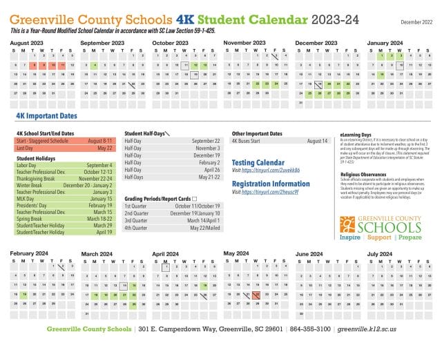 Greenville County 4K School Calendar for 2023-2024