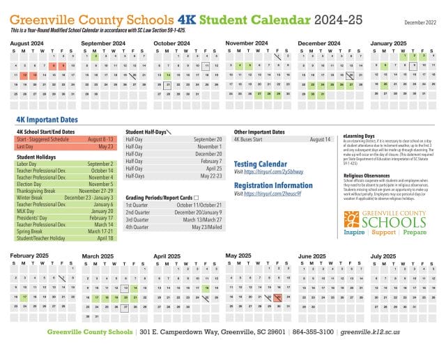 Greenville County 4K School Calendar for 2024-2025