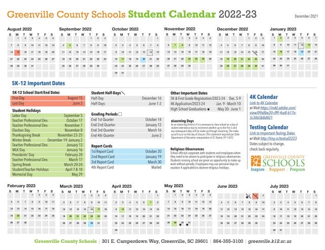 Greenville County School Calendar for 2022-2023