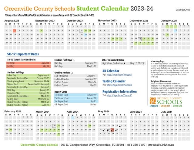 Greenville County School Calendar for 2023-2024