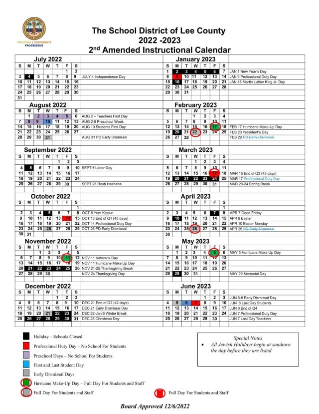 Lee County School Calendar for 2022-2023
