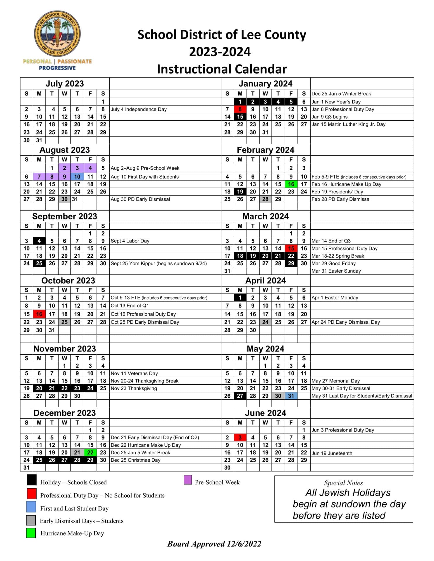 Lee County School Calendar for 2023-2024
