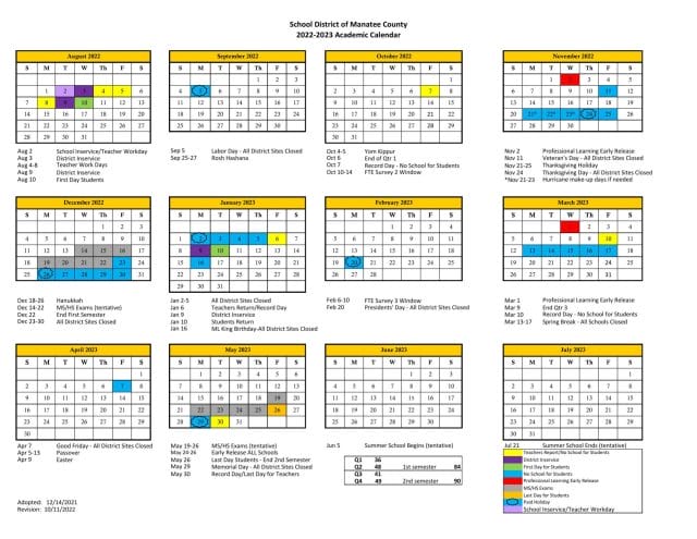 Manatee County School Calendar for 2022-2023
