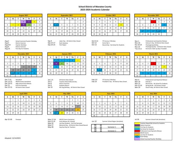 Manatee County School Calendar for 2023-2024