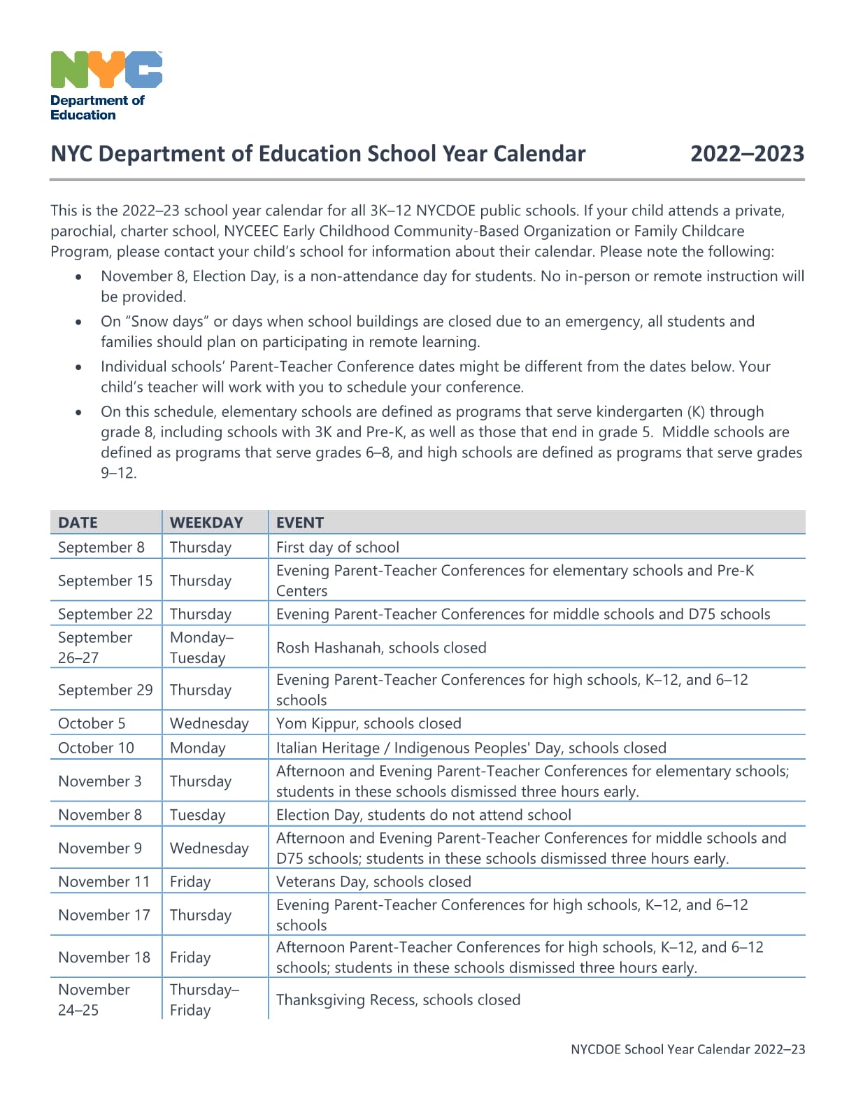 NYC School Calendar for 2022-2023