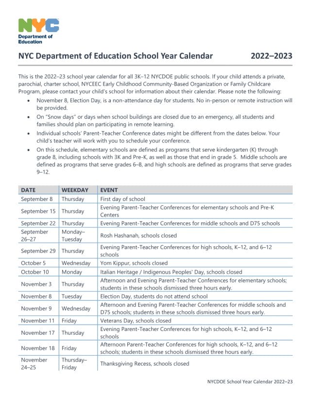 NYC School Calendar for 2022-2023