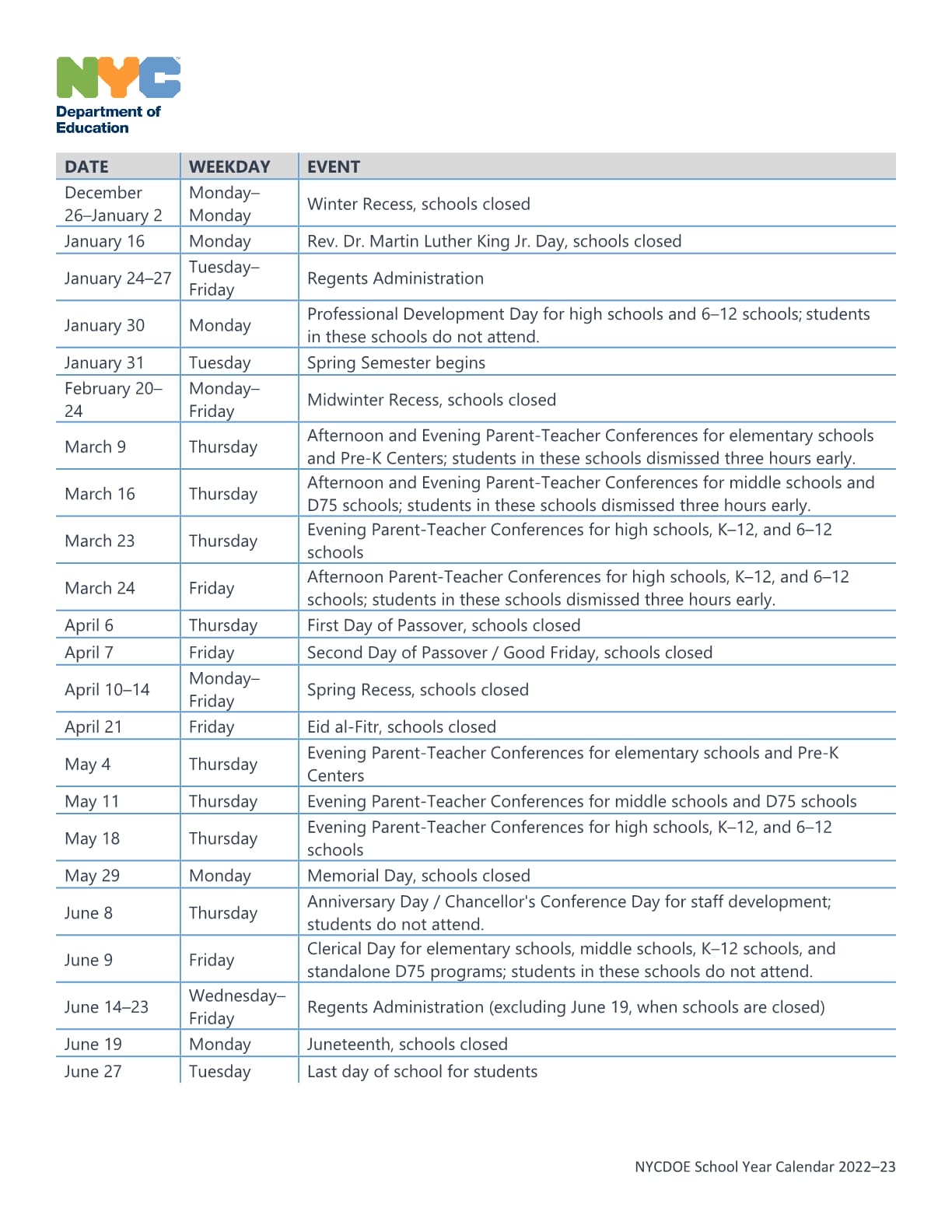 NYC School Calendar for 2022-2023