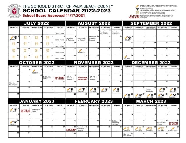 Palm Beach County School Calendar for 2022-2023