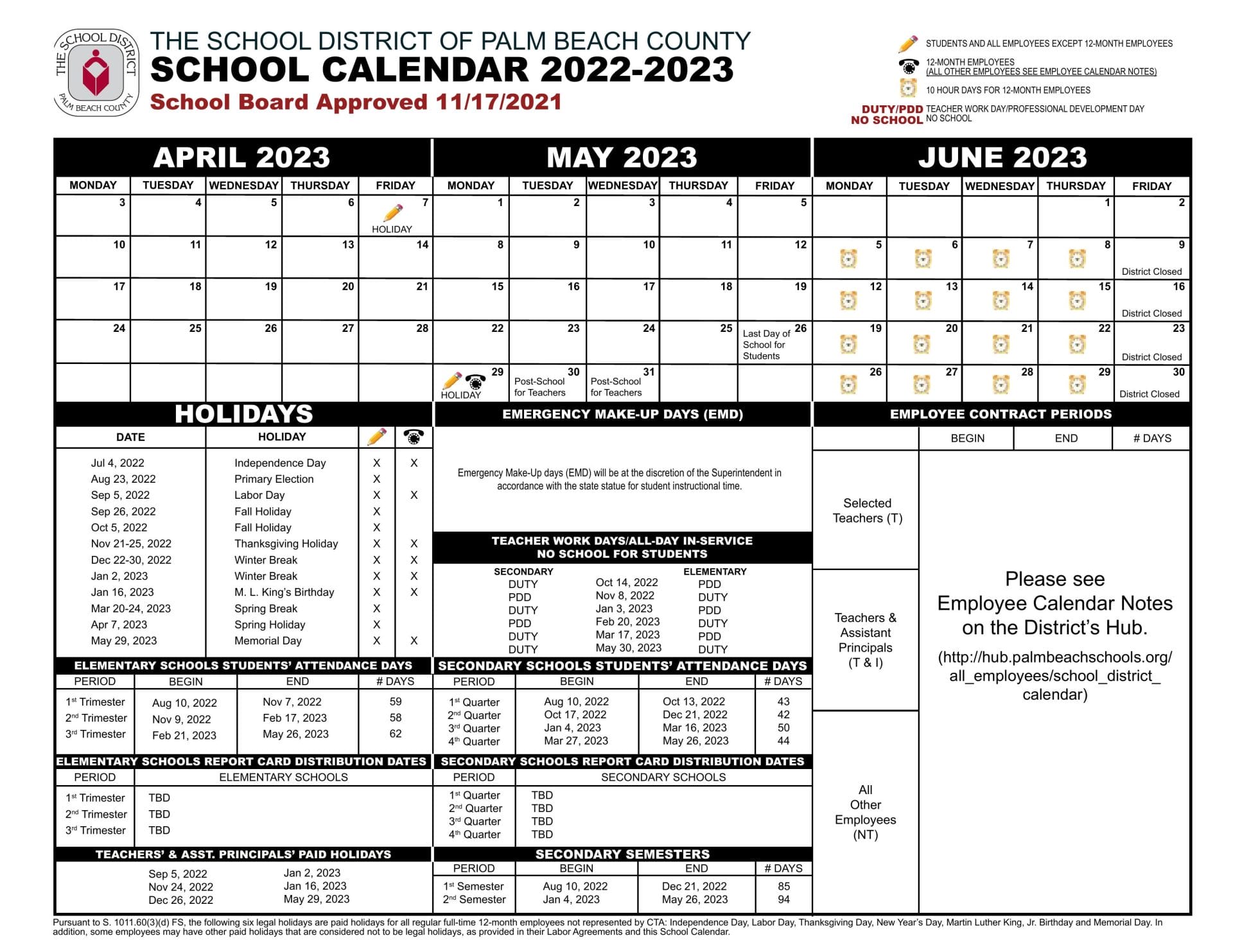 Palm Beach County School Calendar for 2022-2023