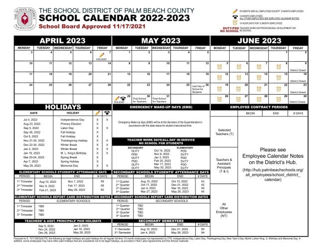 Palm Beach County School Calendar for 2022-2023