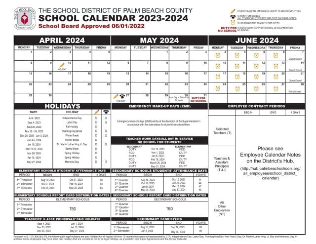 Palm Beach County School Calendar for 2023-2024