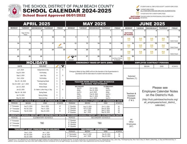 Palm Beach County School Calendar for 2024-2025