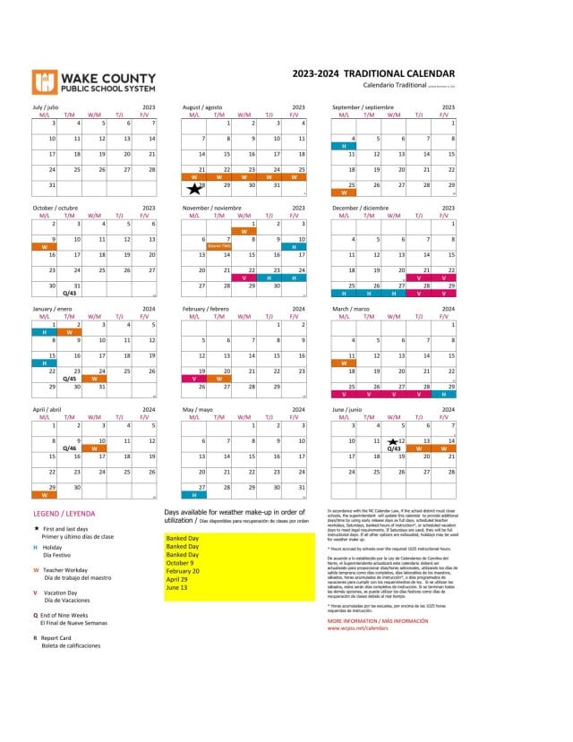 Wake County Public School Calendar for 2023-2024