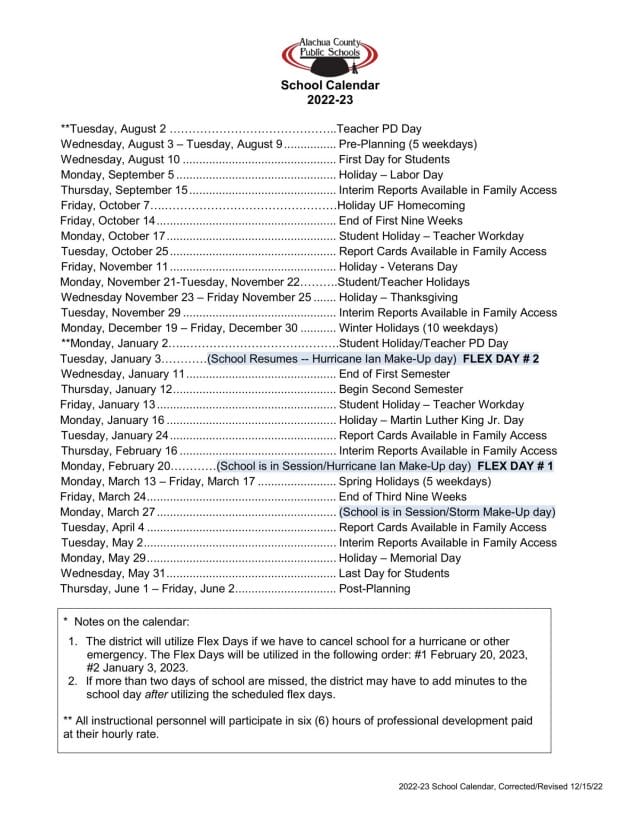 Alachua County School Calendar for 2022-2023