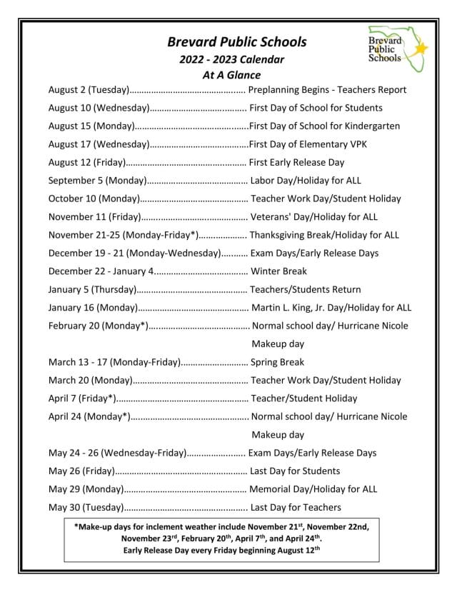 Brevard County School Calendar for 2022-2023