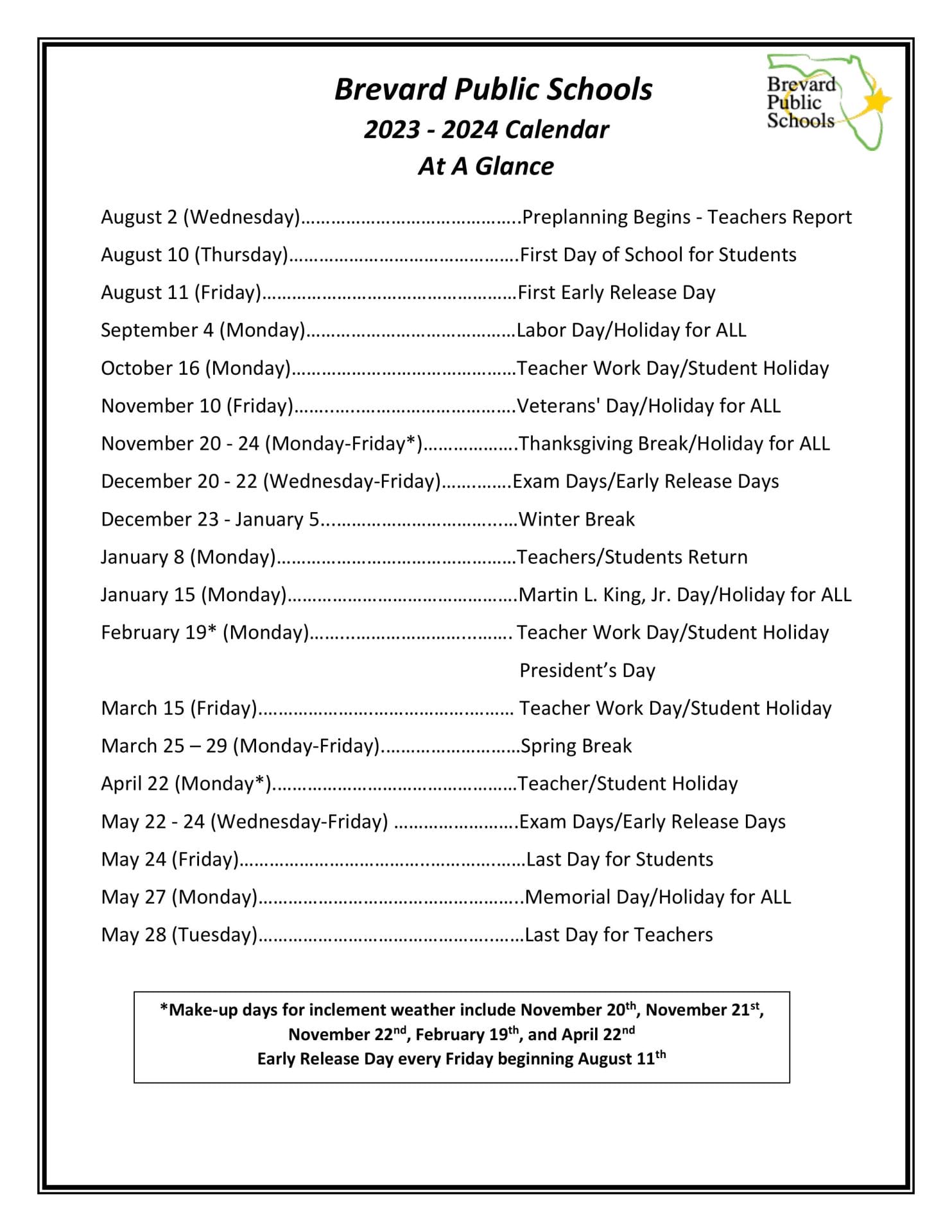 Brevard County School Calendar for 2023-2024
