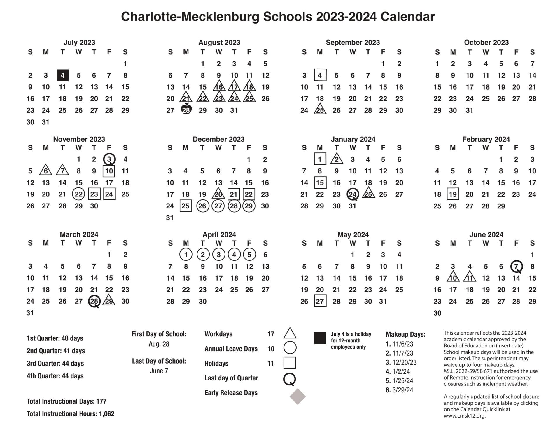 CMS School Calendar for 2023-2024