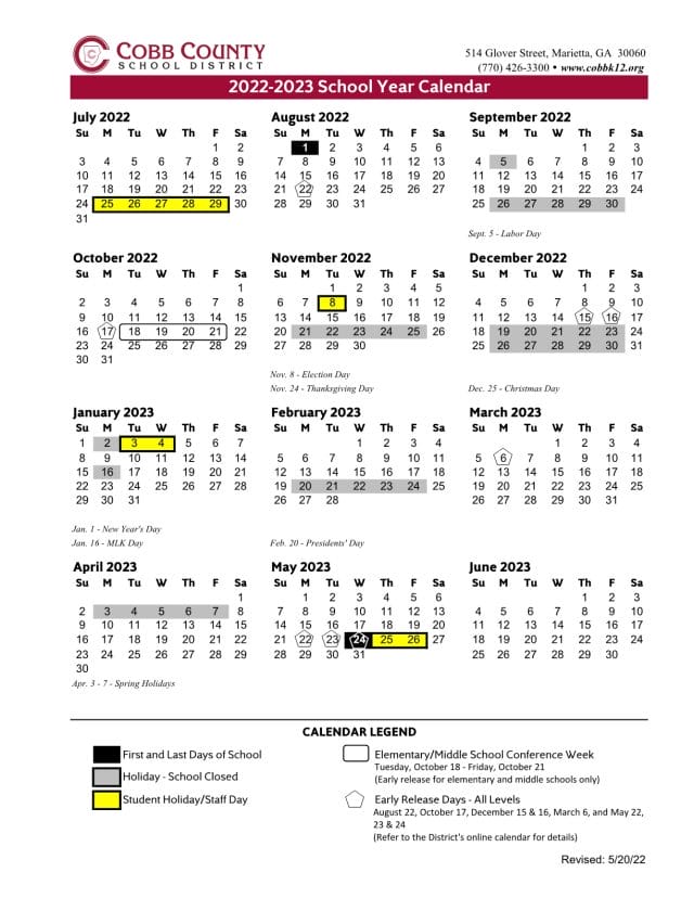 Cobb County School Calendar for 2022-2023