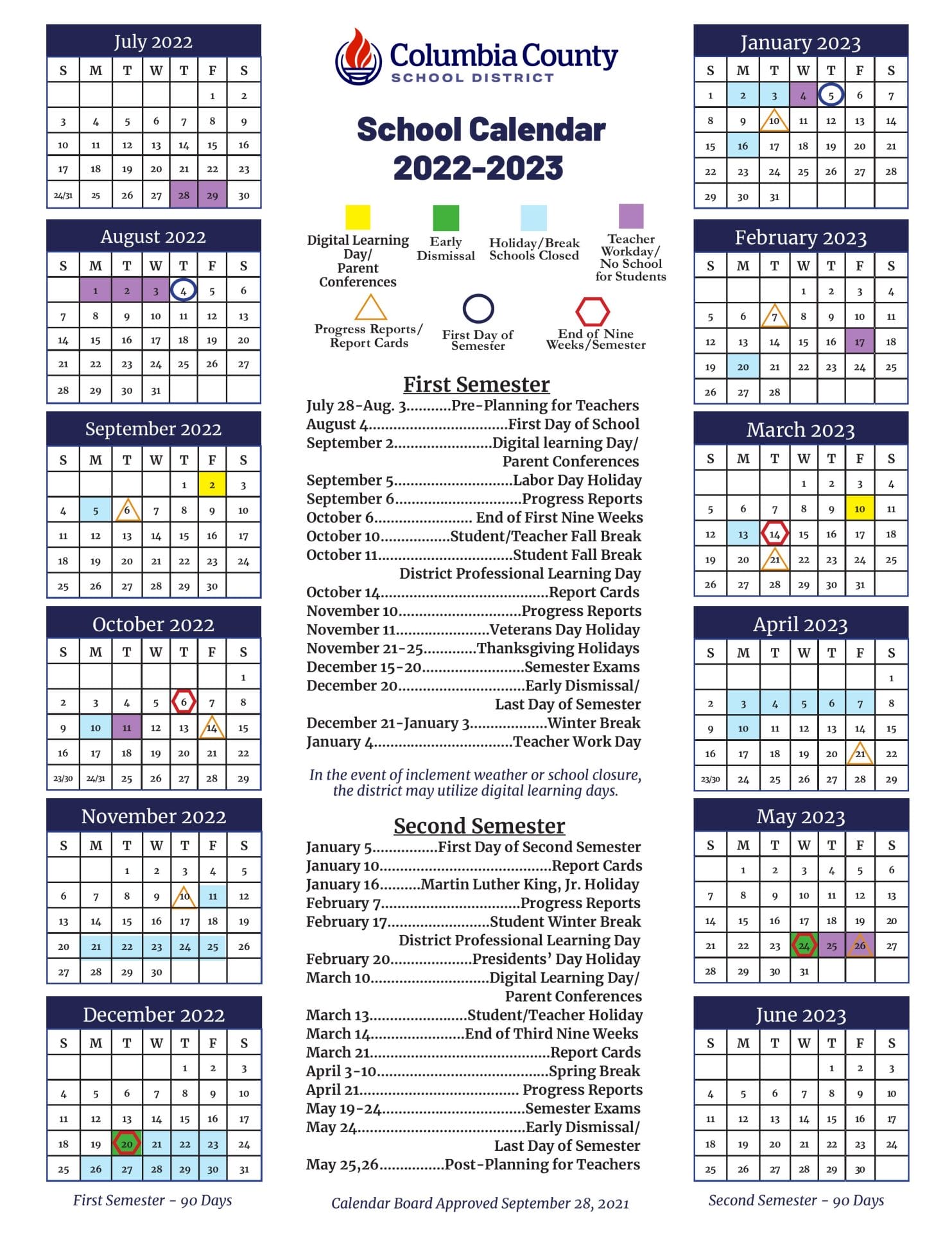 Columbia County School Calendar for 2022-2023