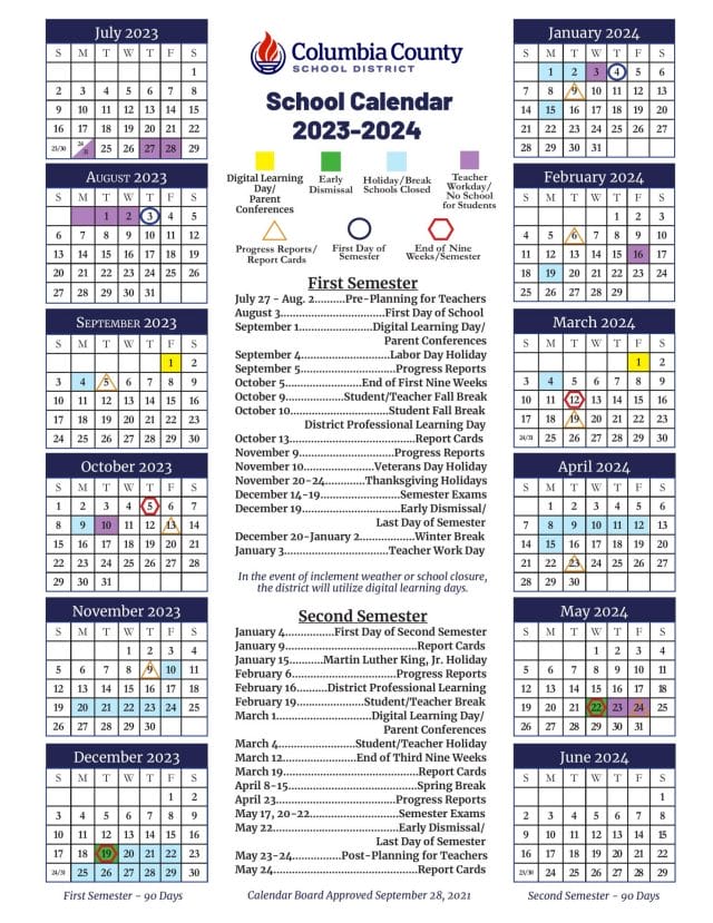 Columbia County School Calendar for 2023-2024