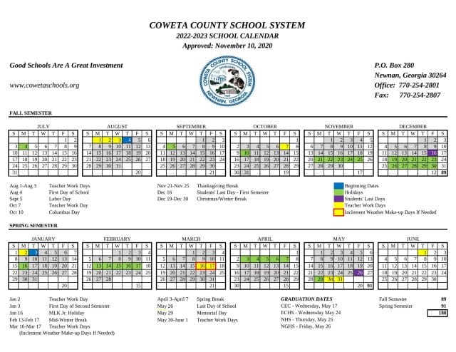 Coweta County School Calendar for 2022-2023