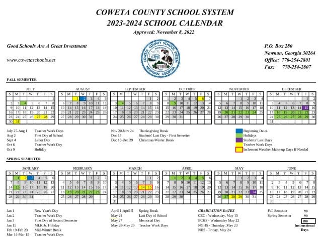 Coweta County School Calendar for 2023-2024