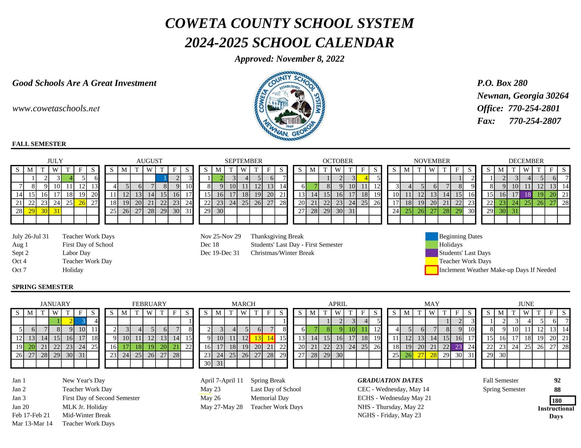 Coweta County School Calendar for 2024-2025