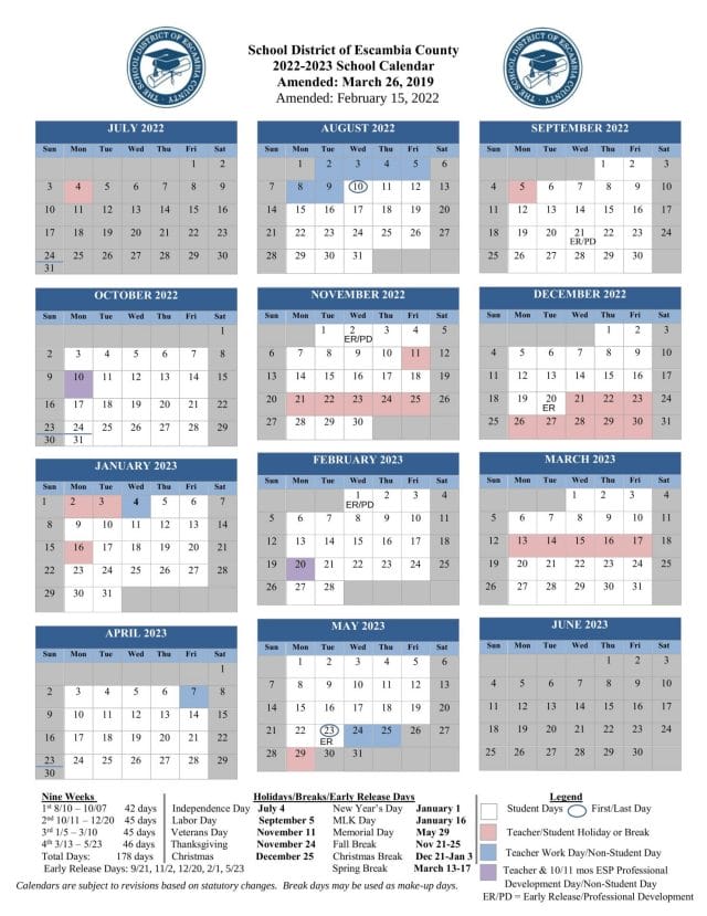 Escambia County School Calendar for 2022-2023