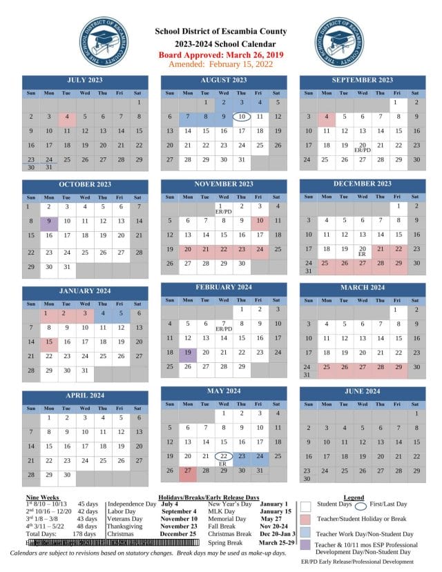 Escambia County School Calendar for 2023-2024