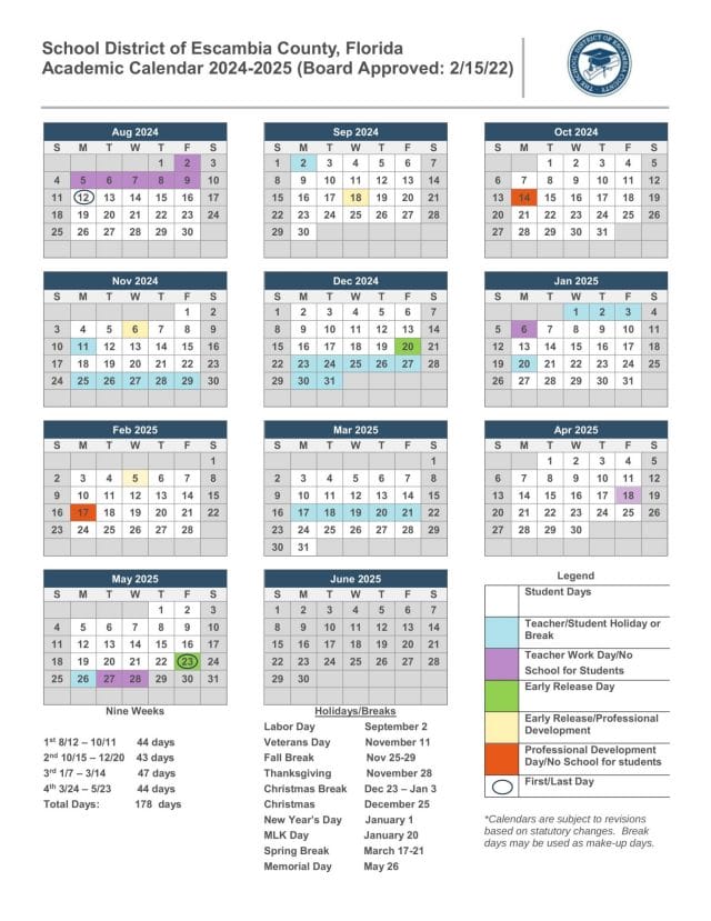 Escambia County School Calendar for 2024-2025