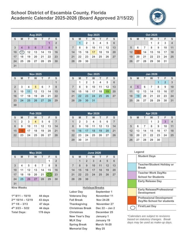 Escambia County School Calendar for 2025-2026
