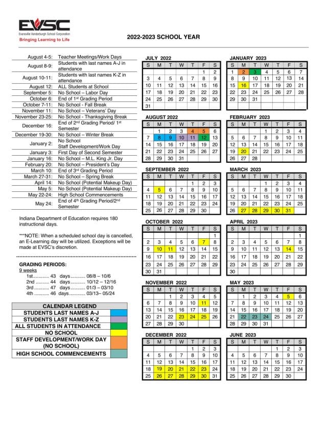 EVSC School Calendar for 2022-2023