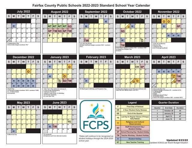 Fairfax County School Calendar for 2022-2023