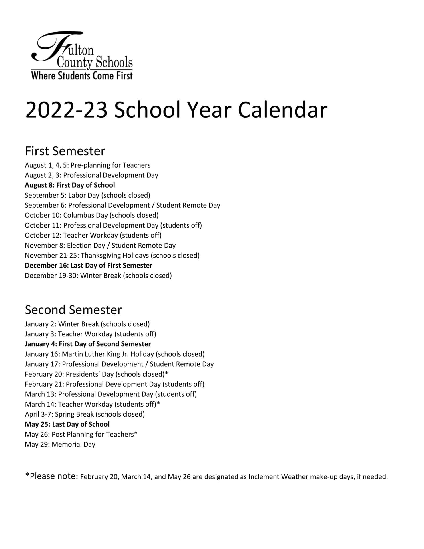 Fulton County School Calendar for 2022-2023