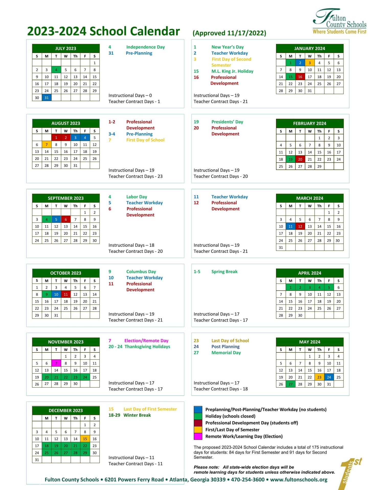 Fulton County School Calendar for 2023-2024
