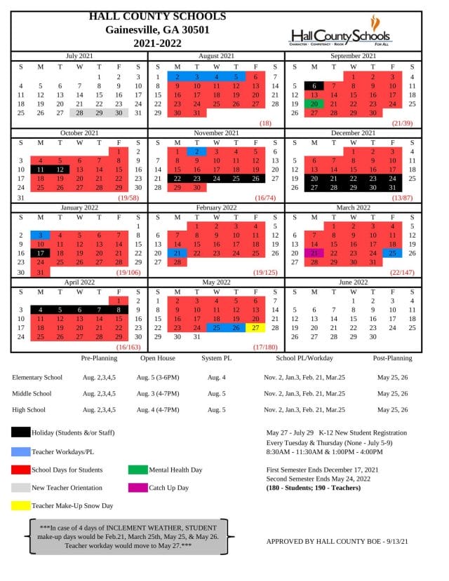 Hall County School Calendar for 2021-2022