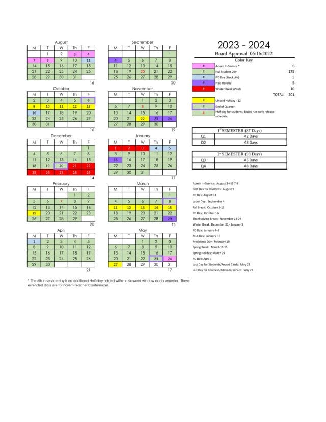 Hamilton County School Calendar for 2023-2024