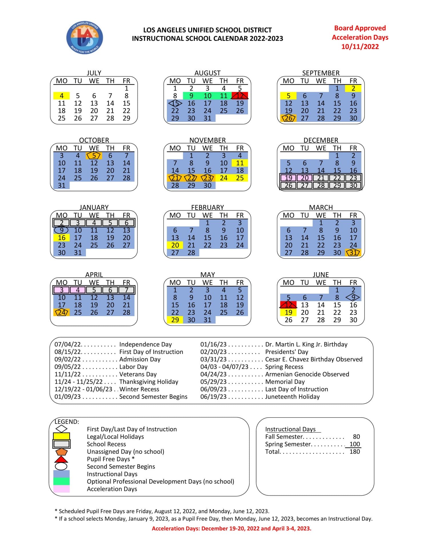LAUSD School Calendar for 2022-2023