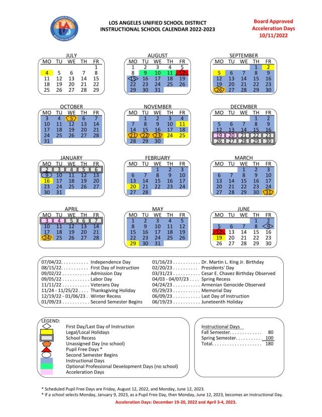 LAUSD School Calendar for 2022-2023