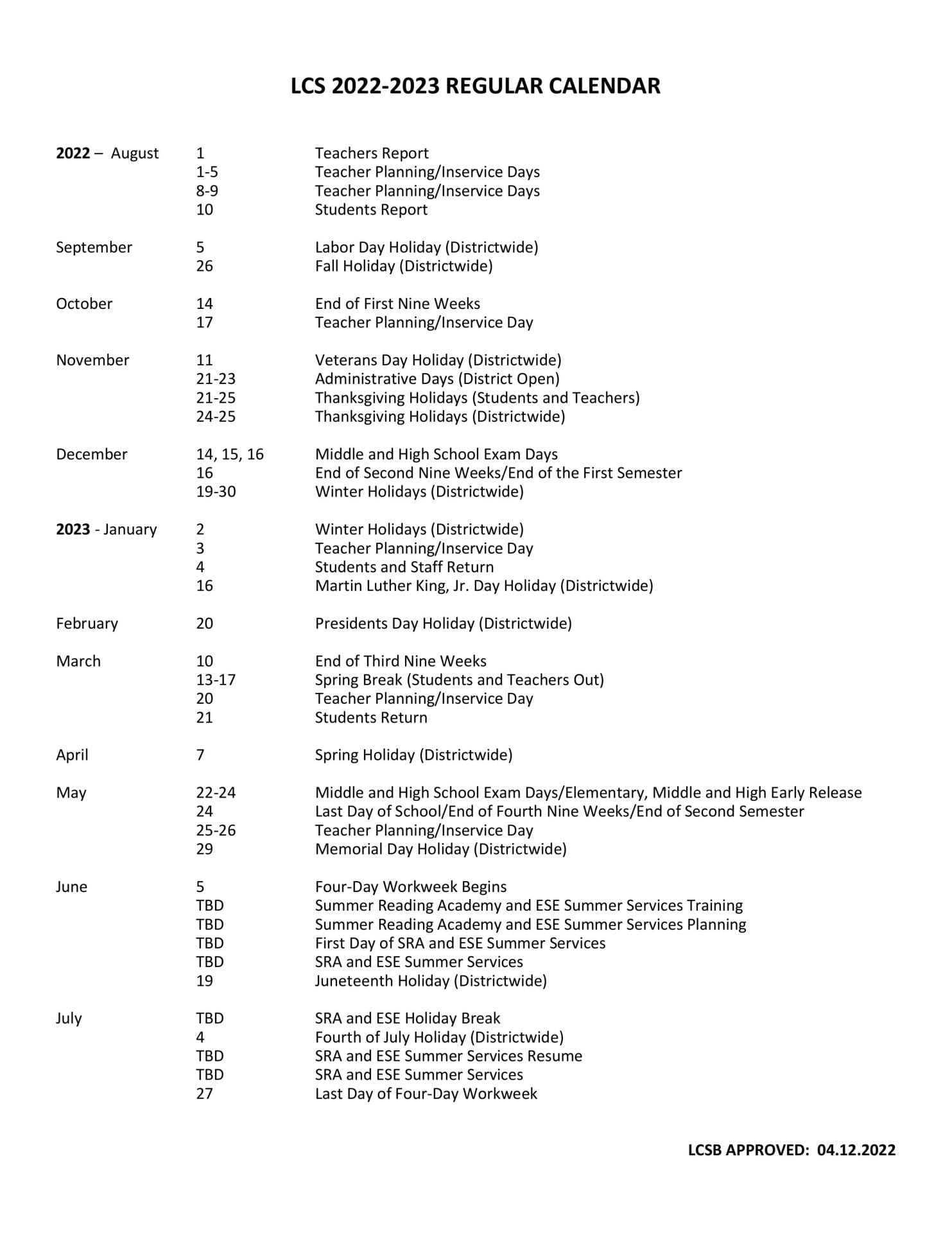 Leon County School Calendar for 2022-2023