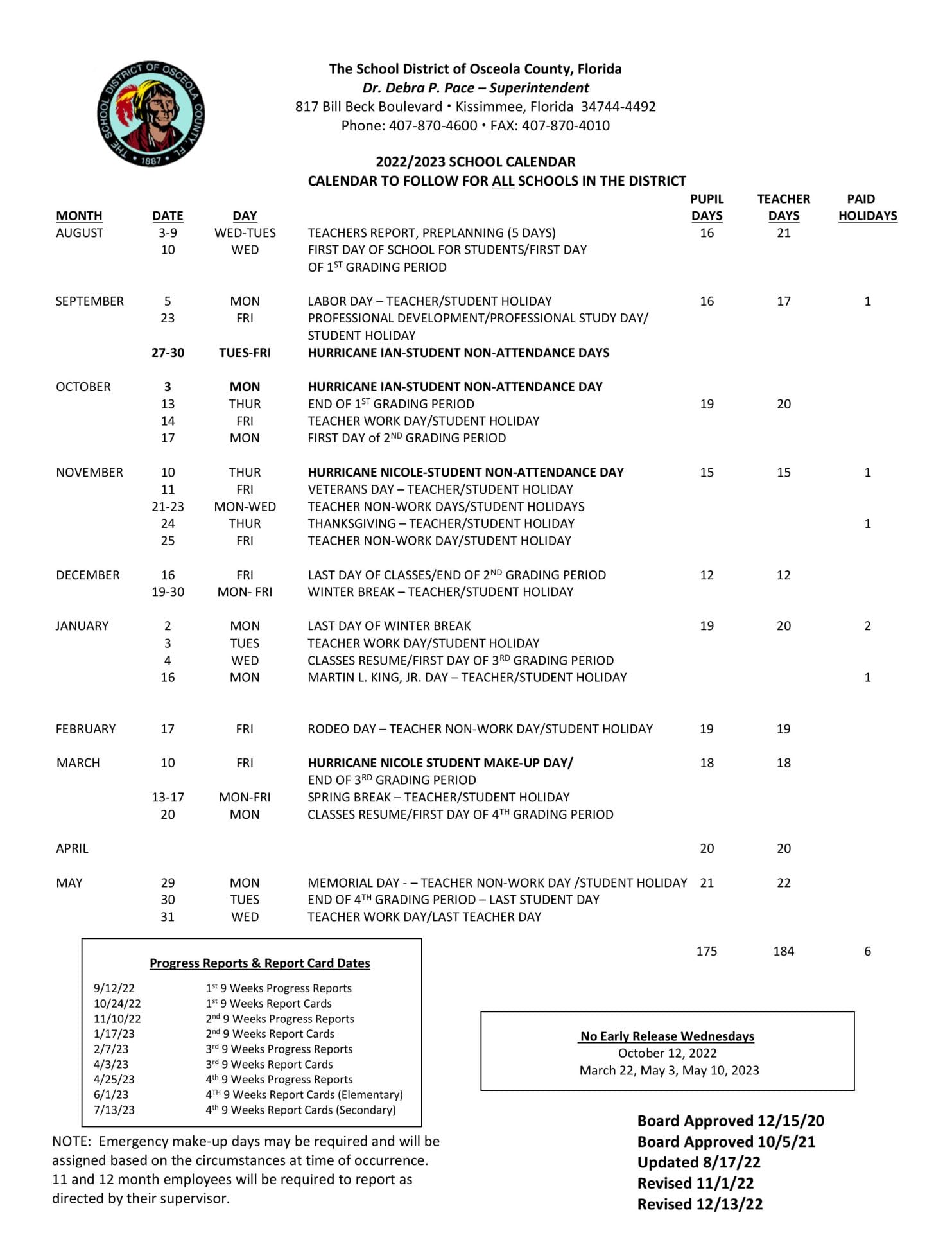 Osceola County School Calendar for 2022-2023