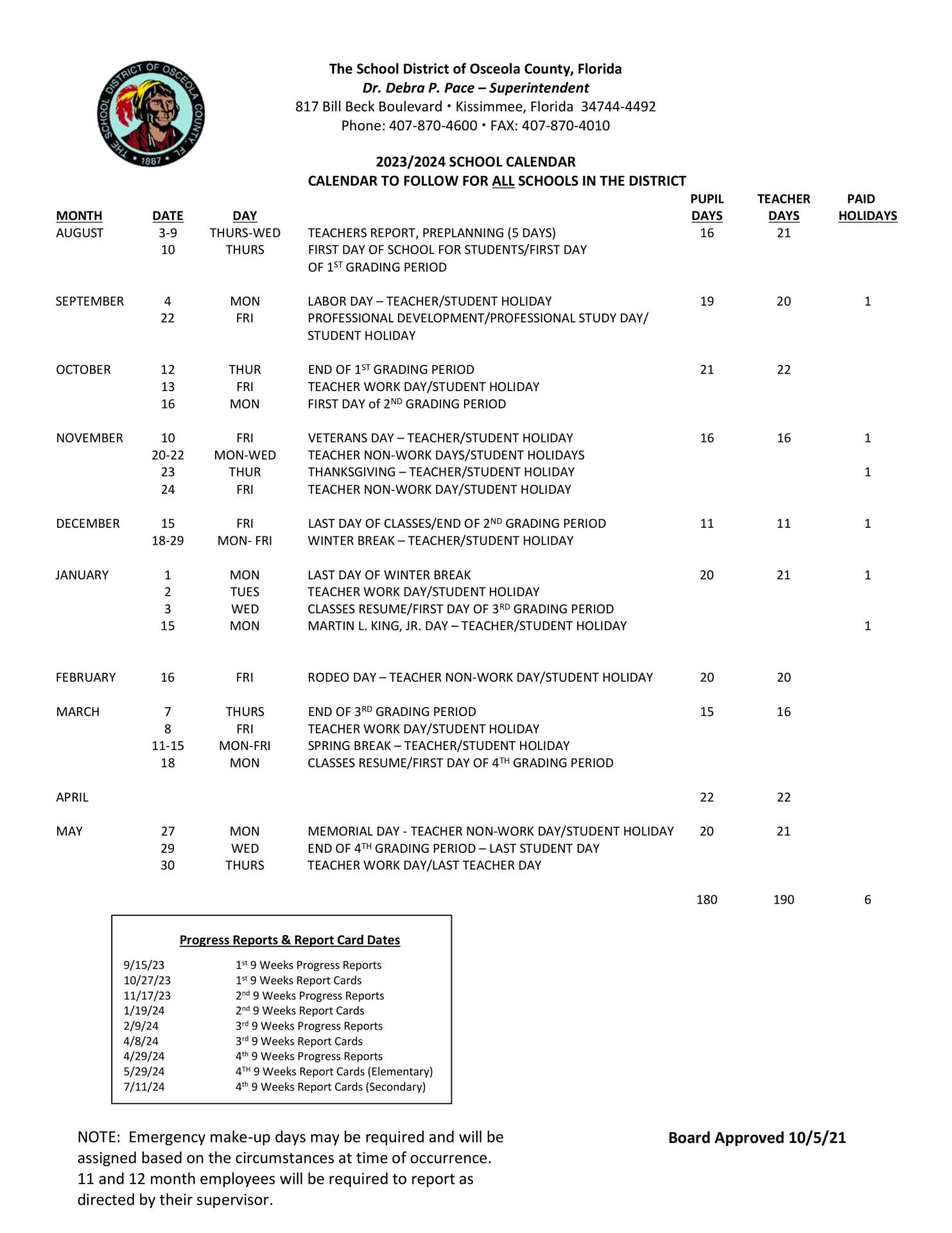 Osceola County School Calendar for 2023-2024