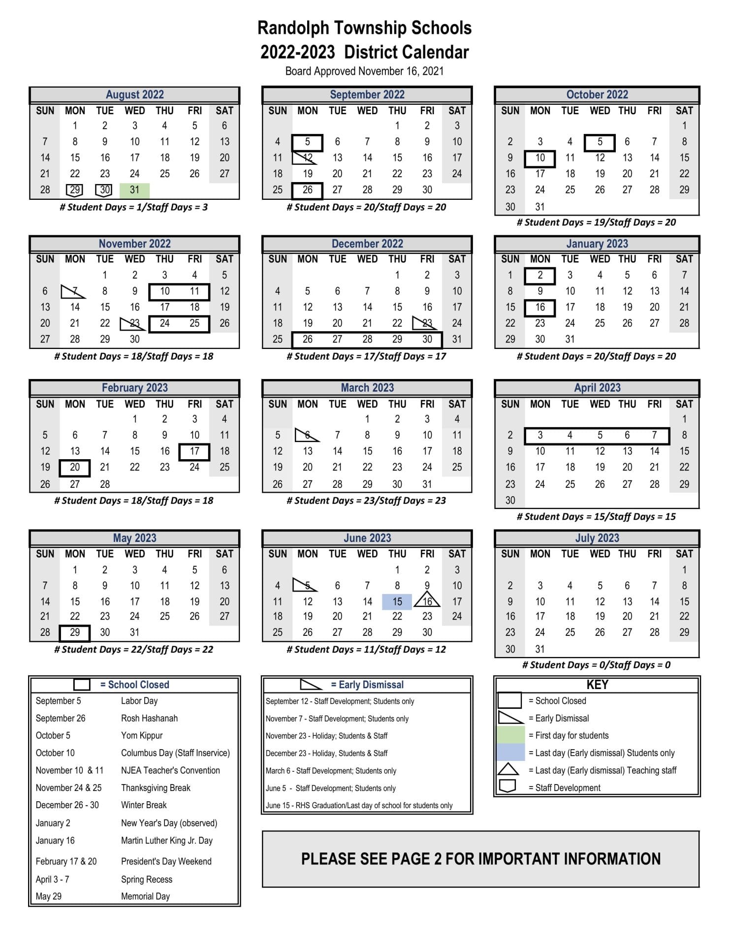 Randolph Township School Calendar for 2022-2023