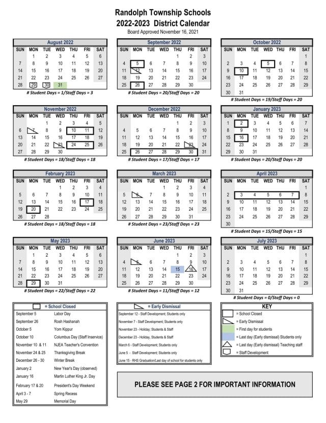 Randolph Township School Calendar for 2022-2023